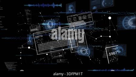 Displaying translucent UI panes and wireframe keyboard in virtual data space, with numeric strings Stock Photo