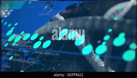 Displaying stylized DNA helix running diagonally in 3D UI, showing glowing cyan dots, grid, network Stock Photo