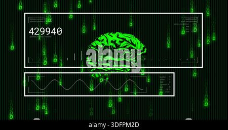 Displaying neon-green brain within HUD panels, showing 429940 and cascading green binary digits Stock Photo