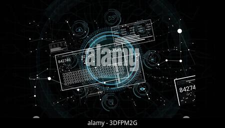 Displaying central circular HUD with keyboard outline in cyber dashboard, showing numeric panels Stock Photo