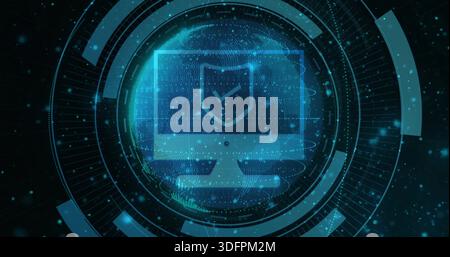 Displaying holographic computer monitor icon hovering in virtual HUD, showing shield checkmark Stock Photo