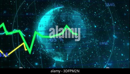 Displaying holographic dotted globe rotating in virtual dashboard, showing neon green line chart Stock Photo