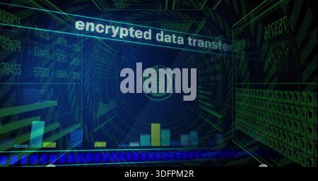 Projecting central HUD and bar chart in virtual data tunnel, showing header encrypted data transfe Stock Photo