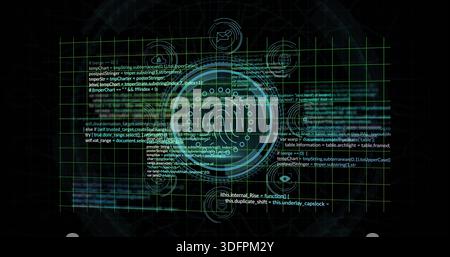 Animating central circular HUD pulsing with layered rings on green grid UI, with code, nodes, icons Stock Photo