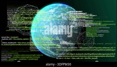 Glowing stylized globe showing latitude grid, code overlays and wireframe meshes in virtual space Stock Photo