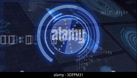 Scanning central circular HUD centered in virtual interface, showing concentric rings and timer Stock Photo