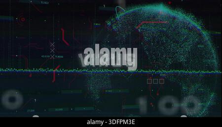 Displaying digital point-cloud globe and bold VIRUS label on virtual HUD screen, with waveform Stock Photo