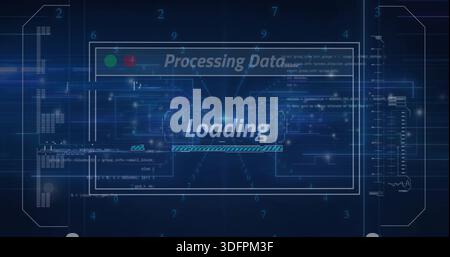 Displaying UI showing Processing Data header, Loading and progress bar in HUD with green-red lights Stock Photo