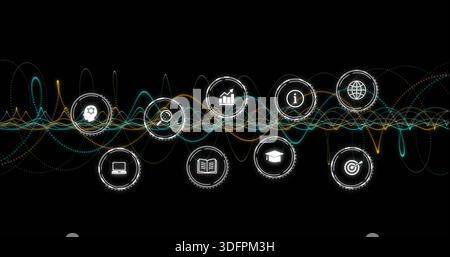 Displaying centered row of icon badges linking teal white waveform lines against dark backdrop Stock Photo