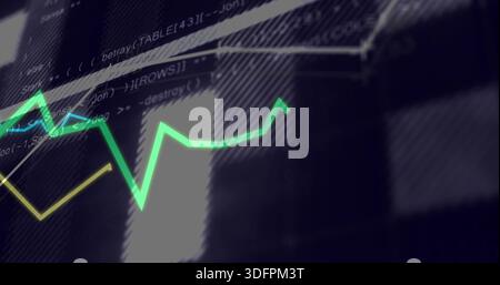 Displaying neon green line graph tracing peaks on digital dashboard, with yellow line and code text Stock Photo