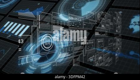 Floating cluster of holographic data panels hovering over dark grid plane, showing charts and globe Stock Photo