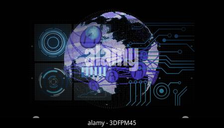 Displaying central globe connecting user icons and network nodes on virtual dashboard, with HUD Stock Photo