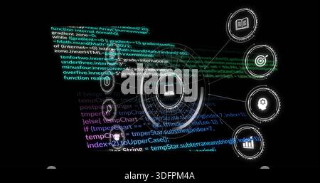 Displaying central HUD node glowing on black background, showing laptop icon and streaming code Stock Photo