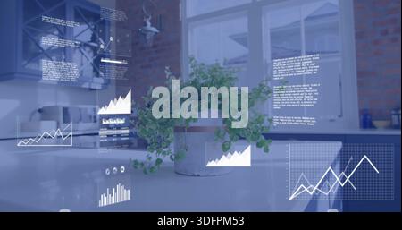 Displaying metal planter with trailing green plant on glossy counter in kitchen, with data overlays Stock Photo