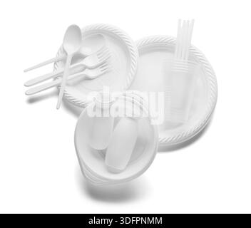 Different plastic tableware on white background Stock Photo