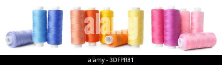 Set of colorful thread spools on white background Stock Photo