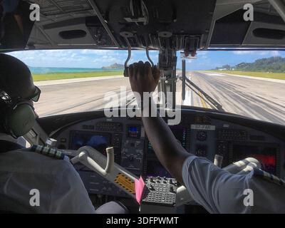 View inside an aircraft cockpit showing two pilots during landing, with the runway visible through the front window. Work daily life in the cockpit. Stock Photo