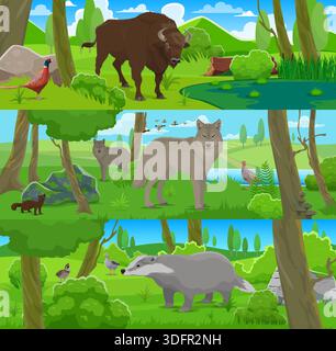 Cartoon wild birds and animals, hunting sport. Vector forest wildlife scene with bison, wolves, badger and birds in lush green habitat with trees, river, meadow and natural woodland landscape Stock Vector