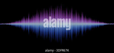 Neon blue purple abstract sound wave element. Dotted music equalizer shape design. Audio radio signal visualization concept. Shining digital voice assistant pattern. Song track sample player. Vector Stock Vector