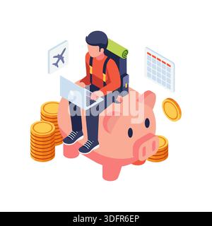 Isometric Traveler Sitting on Piggy Bank Planning Budget Trip on Laptop. Budget Travel Concept Stock Vector