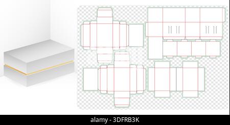 White Gift Box Packaging Mockup with Gold Accent and Die Cut Templates for your product in the form foldable crease thickness for bakery shops Stock Vector