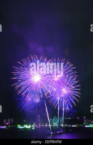 Spectacular blue and purple fireworks exploding into the night sky over the harbor Stock Photo