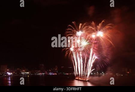 Stunning red fireworks splashing in the night sky Stock Photo