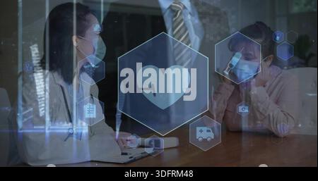 Writing clinician with stethoscope, mask taking notes at clinic table, man in suit observing, HUD Stock Photo