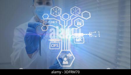 Offering doctor holding stethoscope in clinic, lab coat or surgical mask or blue nitrile gloves, hol Stock Photo