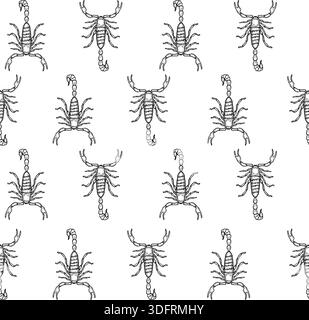 Black and white scorpion vector hand drawing seamless pattern design. Reptile animal in outline linear graphic wallpaper. Scorpio zodiac sign Stock Vector