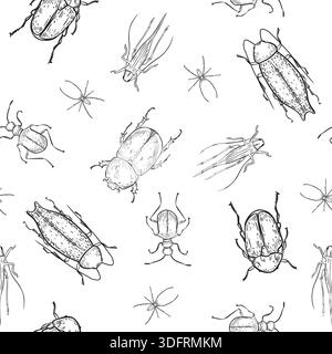 Variety of insects and arachnids black white vector seamless pattern. Outline beetles different shapes and form on endless background. Cockroach and Stock Vector