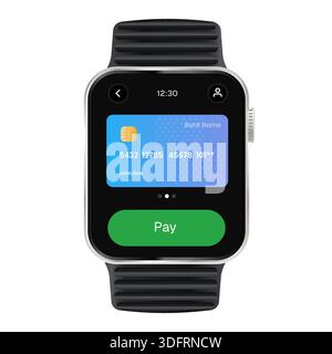 smartwatch contactless mobile payment interface with digital credit card and green pay button wearable technology concept for banking finance and nfc Stock Vector