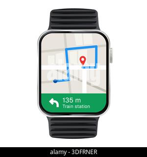 smartwatch displaying gps navigation map interface with route path and location pin wearable technology concept for travel direction and location Stock Vector
