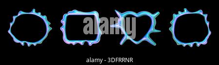 Abstract y2k chrome frames set isolated on black background. Vector realistic illustration of holographic heart and round shape borders, blue metallic design element with iridescent glossy surface Stock Vector