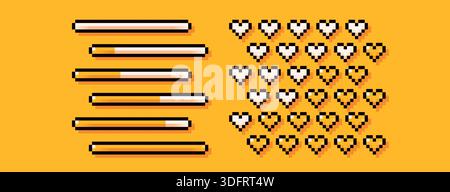 Two loading yellow bars. Pixel art simple style. Lineas and hearts shapes. Stock Vector