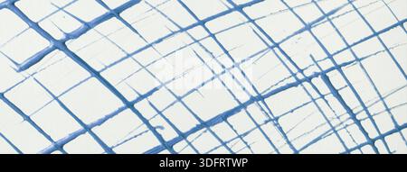 Blue acrylic grid lines on white background with thin hand drawn brush strokes. Abstract texture art backdrop. Stock Photo