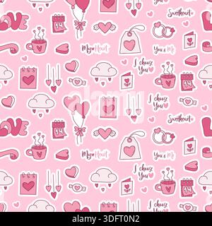 Seamless Valentines Day Doodle Pattern. Cute Pink Balloons, Wedding Rings, Romantic Quotes, Calendar, And Heart Elements Repeating Background. Vector Stock Vector