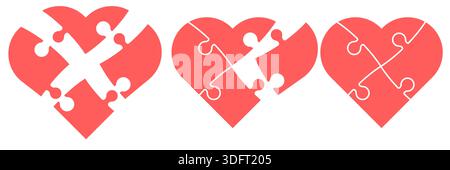 Heart puzzle icons set with jigsaw cuts in complete and broken shapes bold red design for love relationship concept infographic game symbols emotional Stock Vector