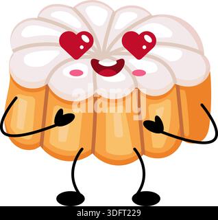 Cute kawaii bundt cake character with heart eyes and happy emotion. Sweet dessert illustration isolated on white background. Stock Vector
