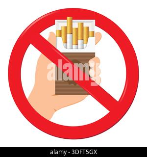Hand with box of cigarette in red ban sign isolated on white background. No smoking concept. Vector illustration. Stock Vector