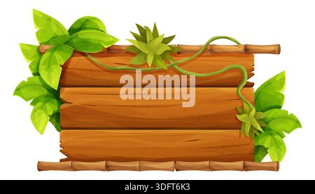 Square wooden sign in the jungle. Stands on a stick in the grass. Empty ...
