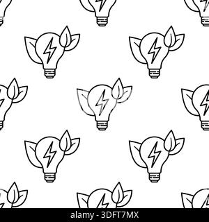 Light bulb icon with green leaves and lightning icon seamless pattern. Green energy design. Vector illustration for renewable energy. Outline icon Stock Vector