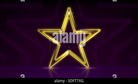 Golden neon star, glowing led stars. Stage. Magenta background for awards ceremony. Golden sparkling neon star. Stage light, backdrop for displaying Stock Vector