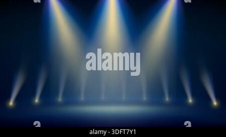 Stage, golden spotlight. Blue backdrop, dark, dim background for displaying products. Background spotlights. Light spot on scene. Shining gold stage Stock Vector