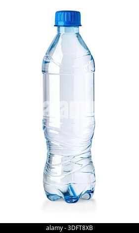 Clear plastic water bottle with blue cap, containing refreshing mineral water Stock Photo