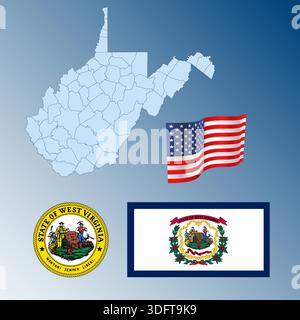 West Virginia US federal state waving flag, seal and map, United States, vector illustration Stock Vector