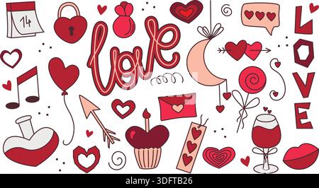 Set hand drawn elements themed for Valentines Day or weddings. Romantic clip art collection of love symbols. Vector graphics Stock Vector