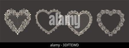 Vintage lace heart frames set with ornate floral details and dotted textures. Decorative hand-drawn romantic borders. Design for wedding invitations Stock Vector
