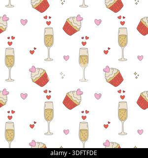 Valentines Day seamless pattern with champagne glasses, cupcakes and hearts for celebration Stock Vector