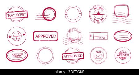 Red stamp set top secret sign, confidential envelope, letter, rubber seal. Stamps with wavy lines, decorative edges. post office marks and envelope designs, vintage. Vector illustration Stock Vector